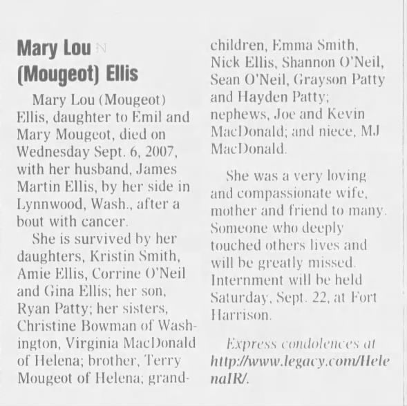 Obituary for Mary Lou Ellis